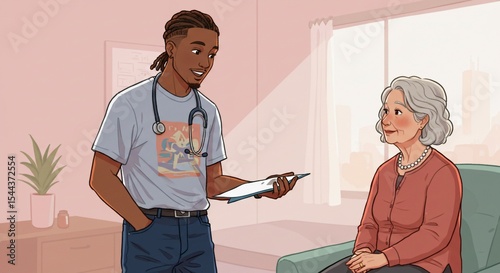 Illustration of a doctor having a professional conversation with a patient in a friendly consultation environment