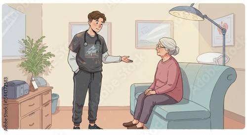 Illustration of a doctor having a professional conversation with a patient in a friendly consultation environment