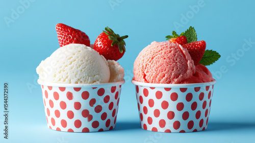 Two ice cream cups, vanilla and strawberry, against blue background.