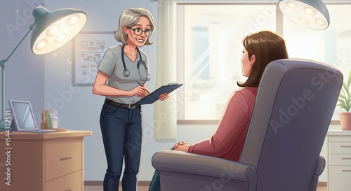 Illustration of a doctor having a professional conversation with a patient in a friendly consultation environment