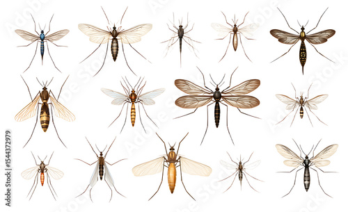 A group of different types and sizes of mosquitoes isolated on a transparent background.