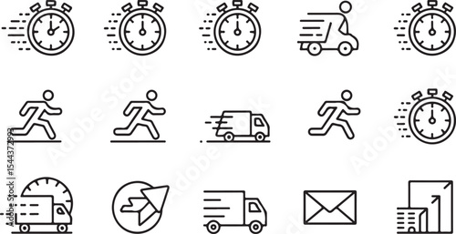 Line icons showing shipping speed, startup launch, and success progress in modern style