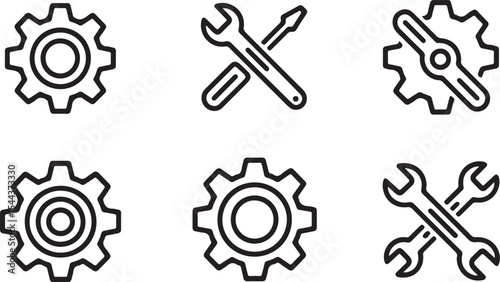 Linear vector collection of gear and wrench icons for settings and repair interface