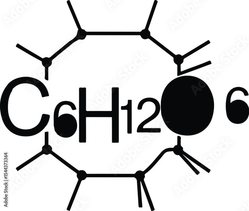 Illustration of a glucose chemical formula with molecular structure in black and white design style