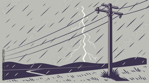Illustration of a utility pole with power lines during a thunderstorm over a landscape with rain falling