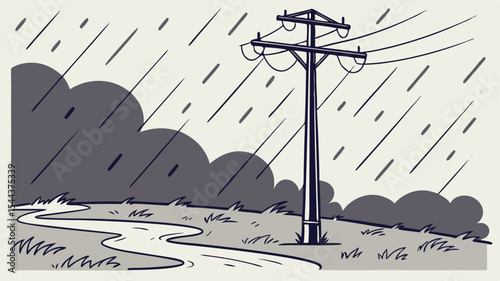 Illustration of a power line pole on a rainy day with dark clouds and a winding path in the foreground
