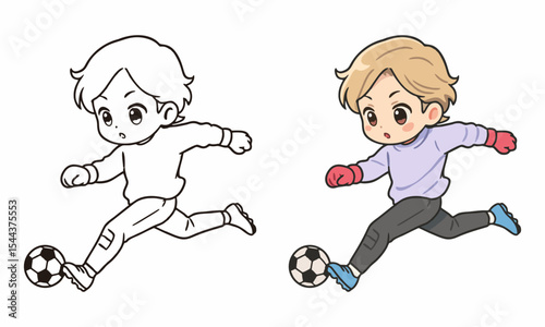 Cute boy playing soccer coloring page for kids