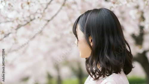 Young Woman Smiling Cheerfully in Blossom Tree Garden During Spring Day Aerial Shot