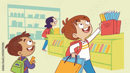 Cartoon illustration of three children in a library, one holding a box of books and smiling brightly