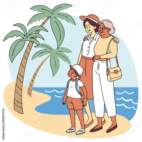 A relaxing beach vacation vector of a couple enjoying a sunny tropical escape with palm trees and a peaceful ocean view.