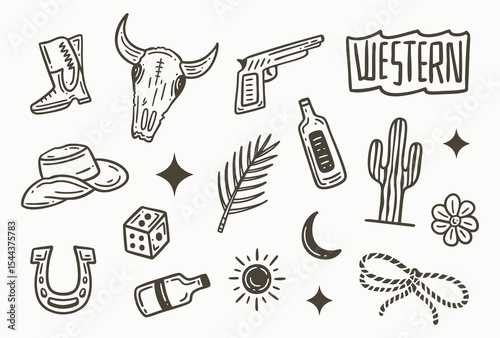 Cowboy set hand drawn doodle. Wild west, western. Hat, boots, bandana, lasso, whip, pistols, Desert cactus, Buffalo skull, Horseshoe. Vector line art illustration. collection for cards, and more.