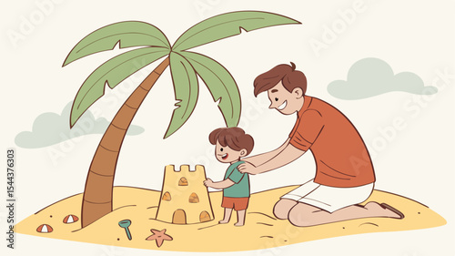 Illustration of a father and son building a sandcastle on a beach under a palm tree with beach accessories