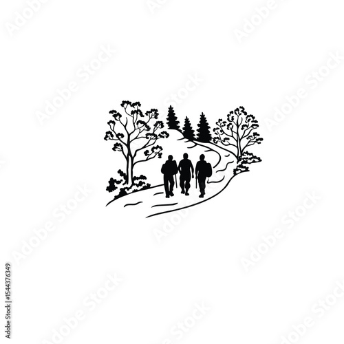 A team hiking together in a forest trail on white background