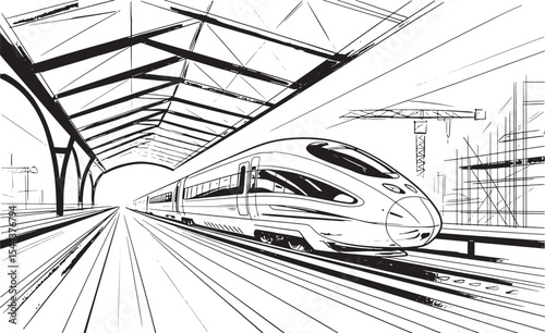 Detailed Pencil Sketch of High-Speed Train at Modern Station