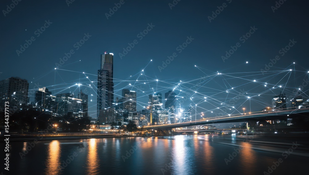 Fototapeta premium Futuristic smart city illuminated with AI-powered systems and glowing, interconnected technologies.