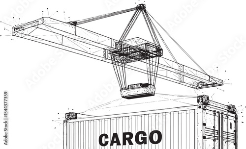 Low-Poly Wireframe Illustration of a Cargo Crane Lifting a Container