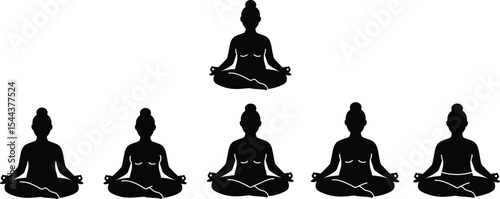 Yoga Vector Illustration of Meditating Figures in Tranquil Environment