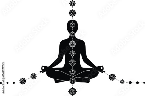 Meditative Yoga Pose, Chakra Alignment, Tranquil Space, Vector Illustration, Peaceful Environment, Front View, Serenity Concept
