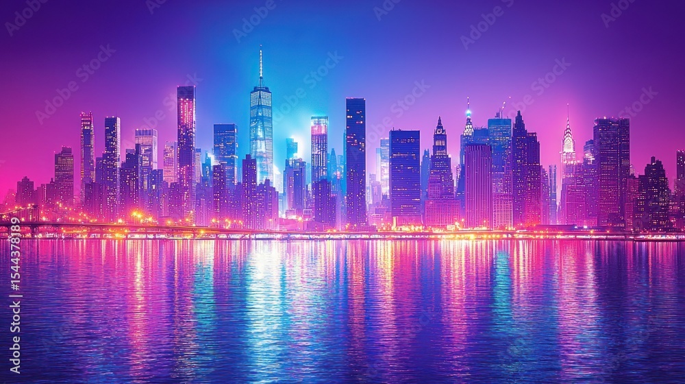 Fototapeta premium Neon-hued NYC skyline at twilight