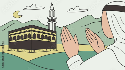 Illustration of a muslim man praying towards the kaaba with a mosque in the background on a landscape