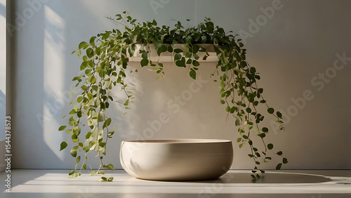Eco-Friendly Display Background with Greenery and Light Shadows