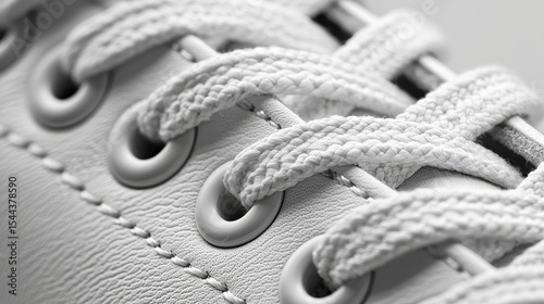 Close-up view of shoelaces and eyelets on a white leather shoe.