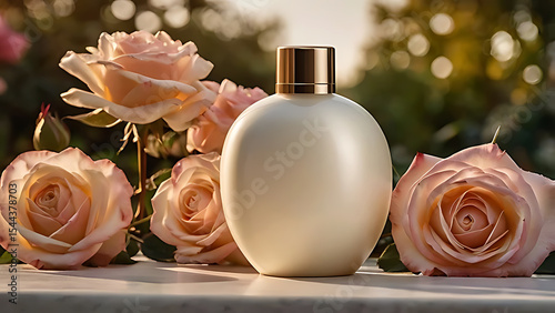 Elegant Cosmetic Product Display Surrounded by Roses and Petals