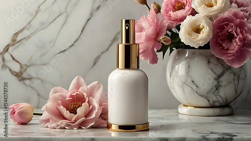 Elegant Cosmetic Product Display Surrounded by Roses and Petals