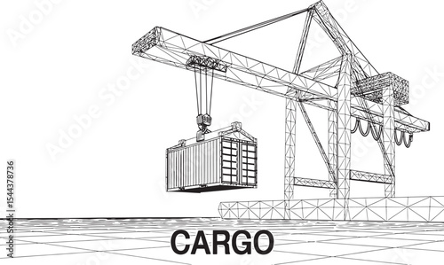 Low-Poly Wireframe Illustration of Cargo Crane and Container