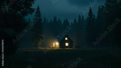 House Illuminated in Forest During Night Rain with Falling Water Drops Slow Motion