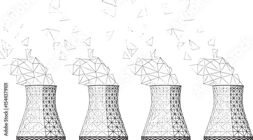 Low-Poly Wireframe Illustration of Industrial Cooling Towers