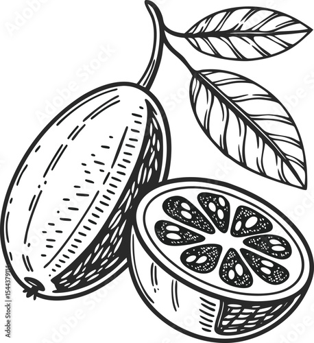 Vintage vector illustration set of hand-drawn fresh fruit designs with leaves and flowers
