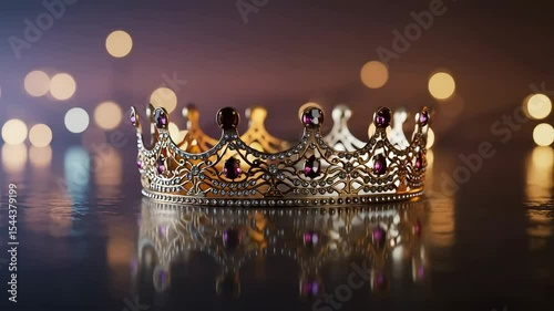 Closeup of a jeweled crown with sparkling gemstones and intricate metalwork illuminated by soft bokeh lights
