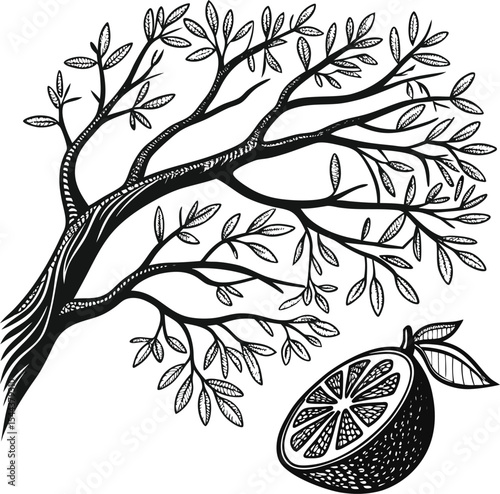 Vintage vector illustration of a tree branch with a seamless floral pattern of black leaves and blossoms, ideal for nature-inspired design and decoration