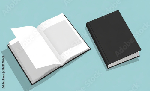 Open book and closed book on blue background
