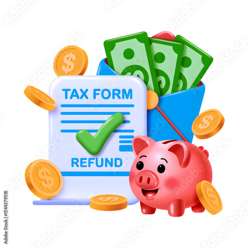 3D Tax Refund Piggy Bank Icon, Finance & Government Savings isolated on transparent background. 3d rendering Cartoon plastic style. PNG file, cut out