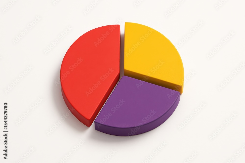 3D pie chart with red, yellow, and purple segments on white background 3D pie chart with red, yellow, and purple segments on white background