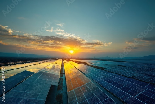 Golden sunset shining over a massive solar farm, with panels glowing beside a calm lake.