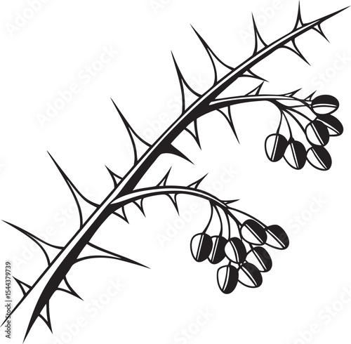A captivating black and white vector illustration of a tree branch with delicate leaves, evoking the serene silhouette of nature