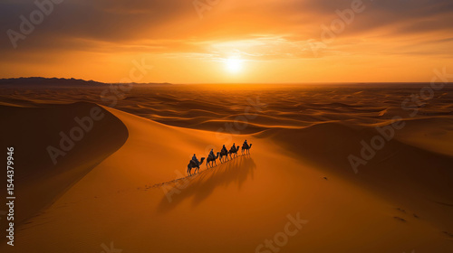 Fototapeta Naklejka Na Ścianę i Meble -  Camel Caravan Walking Through Golden Sand Dunes at Sunset in Vast Desert Landscape