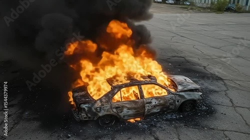 Burning Car Explosion with Flames and Smoke in an Empty Parking Lot