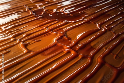 A photo of a glossy, amber-hued liquid with line patterns.