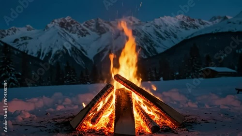 Campfire Burning Bright in Snowy Mountain Landscape with Snow-capped Peaks at Night