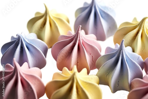 A photograph of several delicate meringue cookies shaped like pastel-colored flowers