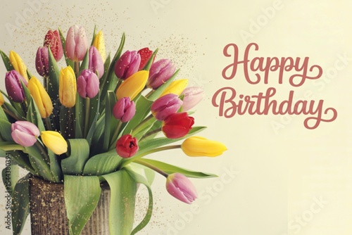 An image of a bouquet of lovely tulips with a few green leaves