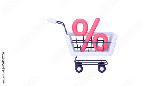 3d shopping cart with a red percentage discount icon isolated on transparent background. 3d rendering Cartoon plastic style. PNG file, cut out