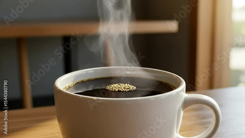 Steaming Coffee Cup in Bright Kitchen with Natural Light Slow Motion