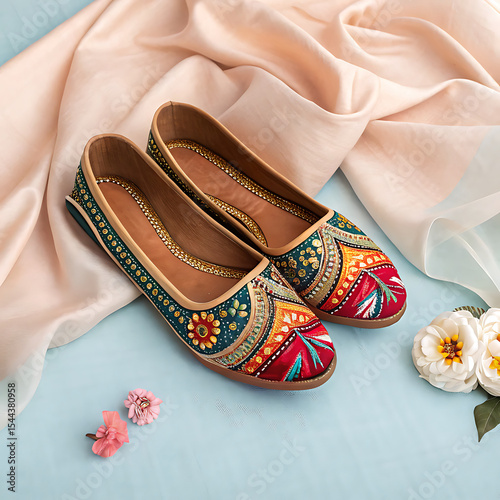 Elegant Khussa Shoes with Intricate Embroidery and Floral Accents on a Soft Blue Background with Peach Silk Fabric Draping