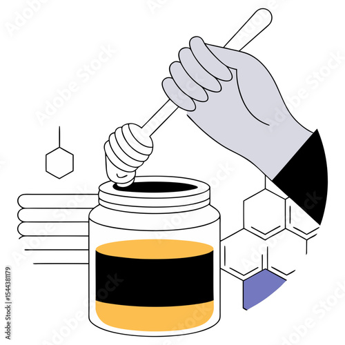 Hand dipping honey with dipper from jar silhouette