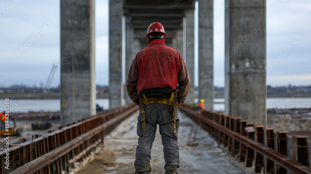 Construction Worker Overseeing Progress on Bridge Structure with Steel Framework in Background Construction Worker Overseeing Progress on Bridge Structure with Steel Framework in Background